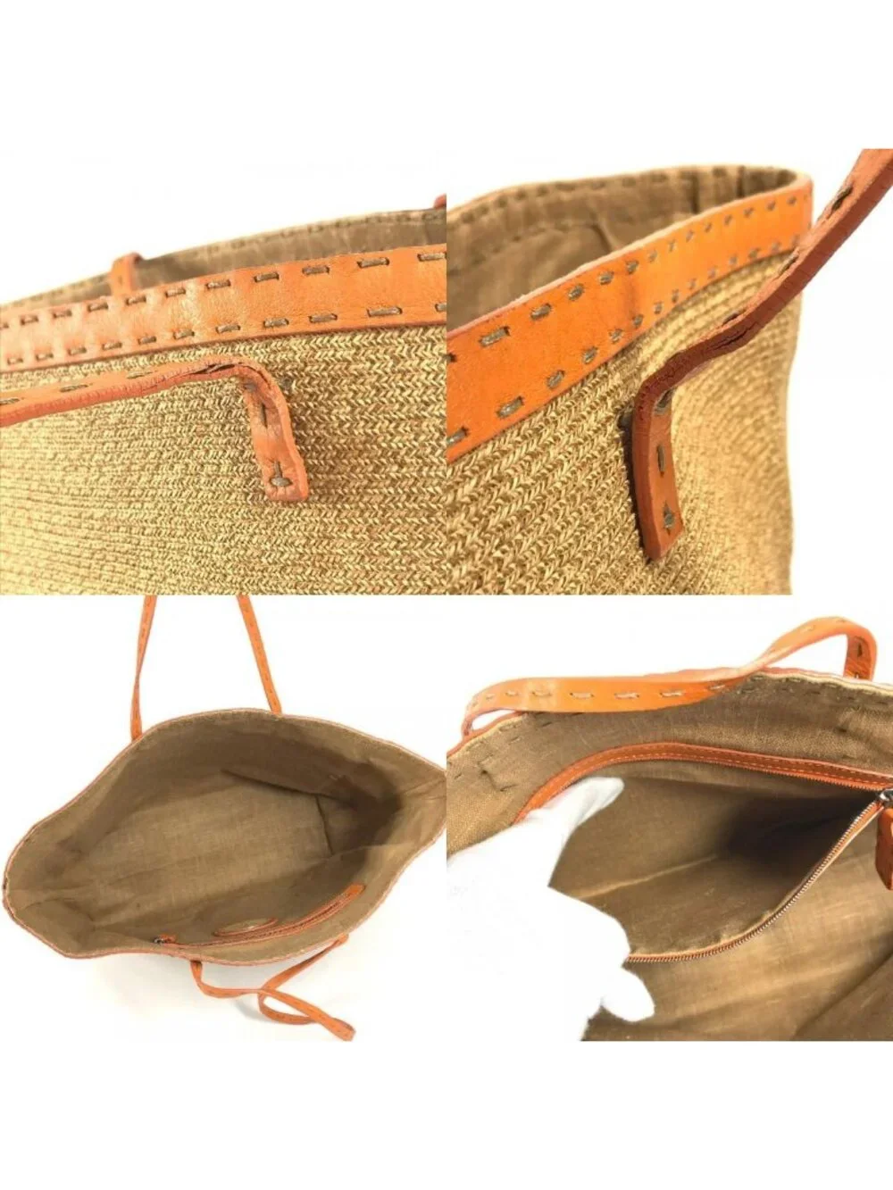 Fendi Shoulder Bag Selleria Logo Raffia Beige